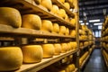 Many heads of yellow dutch cheese in wax ripen on wooden shelves in a cheese factory