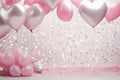 many heart heart foil balloons surrounding pink confetti