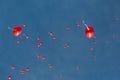 Many heart-shaped red balloons flying in blue sky Royalty Free Stock Photo