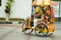 A decorated trishaw or tricycle rickshaw in historical Malacca or Melaka, Malaysia