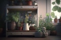 Many herbs and plants in pots in the kitchen at home. AI Generated