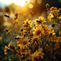 many honeybees are in between yellow flowers