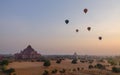 Many hot air balloons flying over the temples in Bagan, Myanmar