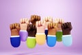 Many human cartoon hands raised up with fists. The concept of protest, struggle, rights union, fight for rights. Copy space, 3D Royalty Free Stock Photo