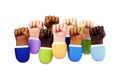 Many human cartoon hands raised up with fists. The concept of protest, struggle, rights union, fight for rights. Copy space, 3D Royalty Free Stock Photo