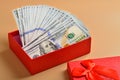 Many hundred dollar bills in a gift box Royalty Free Stock Photo