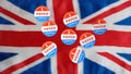 Many I Voted Today paper stickers on UK Flag