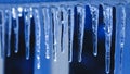 Many icicles and crystal texture on winter background. Water drops falling from stalactites in sunshine day. Melting icicle during Royalty Free Stock Photo