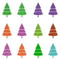 Many icons of colored trees, Christmas trees for Christmas and New Year, vector illustration