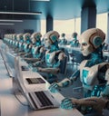 Many identical AI robots sitting at desk in the office and working with computers