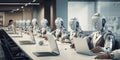 Many identical AI robots sitting at desks in the office and working with computers: Artificial intelligence and robotization