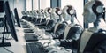 Many identical AI robots sitting at desks in the office and working with computers: Artificial intelligence and robotization