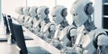 Many identical AI robots sitting at desks in the office and working with computers: Artificial intelligence and robotization
