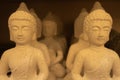 Many identical Buddha statuettes stand on the shelf in the store.