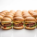 Many identical delicious cheeseburgers, hamburgers, burgers, sandwiches next to each other on white,
