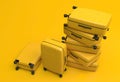 Many identical yellow suitcases on wheels stacked on top of each other. Travel bags are in a heap on a yellow background. 3D