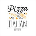 Many Ingredients Premium Quality Italian Pizza Fast Food Street Cafe Menu Promotion Sign In Simple Hand Drawn Design Royalty Free Stock Photo