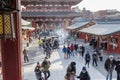 Many Japanese people are walking and some are making worship at Asakusa temple which is the oldest temple of Japan. Tokyo, Japan