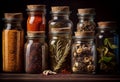 Many jars with different herbs and spices. AI Generated