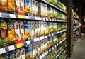 Minsk, Belarus, April 24, 2018: Many juices packages show on a shelf for sale in a supermarket Royalty Free Stock Photo