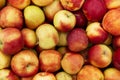 Many juicy bright apples on the market. View from above. Close-up. Background