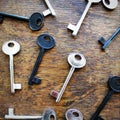 Many keys on brown wooden background