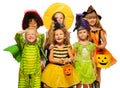 Many kids in Halloween costumes, boys and girls Royalty Free Stock Photo