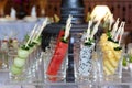 Pineapple watermelon melon and dragon fruit on buffet line