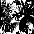 Many kind of garden flowers and leaves. Detailed outline black silhouette sketch.