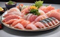 Many kind of Japanese sashimi on ceramic plate