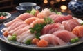 Many kind of Japanese sashimi on ceramic plate