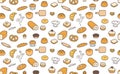 Many kinds of bread seamless pattern Gift Wrap wallpaper background kawaii doodle flat cartoon vector
