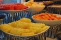 Many kinds of fruit watermelon, pineapple and papaya cantaloupe on buffet line
