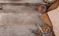 Many kitchen items fork knives on wooden photo Top view