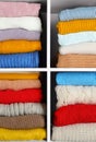 Many knitted winter clothes stacked