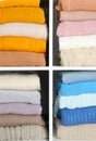 Many knitted winter clothes stacked