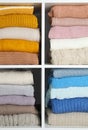 Many knitted winter clothes stacked