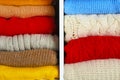 Many knitted winter clothes stacked on shelves