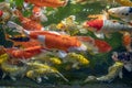 Many koi fish swim in the pond.shallow focus effect