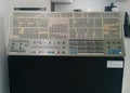 Many labeled lights & switches on a vintage IBM computer