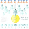 Many lamp or lightbulb light off and only one light on with plug and socket Idea flat background Royalty Free Stock Photo