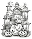 Many lanterns and four jack-o-lanterns in the foreground, Halloween black and white picture coloring book