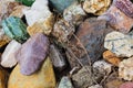 Many large beautiful stones of different colors with grass in between. Background of small and large stones. Cobblestone dump. A