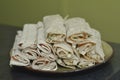 Many lavash rolls with salmon and crab sticks Royalty Free Stock Photo