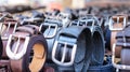 Many leather belts on a market stand Royalty Free Stock Photo