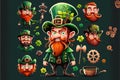 Many Leprechauns in green suit with red beard on a dark background. Funny main character of Irish festivity. Saint Patrick day,