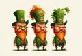 Many Leprechauns in green suit with red beard on a white background. Funny main character of Irish festivity. Saint Patrick day,