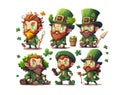 Many Leprechauns in green suit with red beard on a white background. Funny main character of Irish festivity. Saint Patrick day,