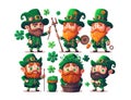 Many Leprechauns in green suit with red beard on a white background. Funny main character of Irish festivity. Saint Patrick day,