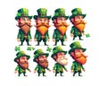 Many Leprechauns in green suit with red beard on a white background. Funny main character of Irish festivity. Saint Patrick day,